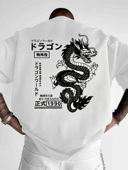Men's Chinese Dragon Print Graphic T‑Shirt, Kanji Streetwear Design, Loose‑Fit Crew Neck Short Sleeve Casual Summer Top Men Tshirts