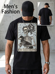 Dachshund Mom Skeleton Tarot Card Funny Wiener Dog Graphic Tee for Men Women, Cute Spooky Dog Lover Short Sleeve T-Shirt, Casual Crew Neck Top for Dachshund Owner Gift