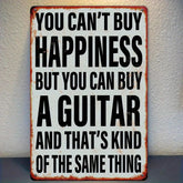 Vintage Guitar Quote Metal Wall Sign "You Can't Buy Happiness But You Can Buy Guitar" - Rustic White & Black vintage Music Room Decor, 8x12 Inch Tin Sign Suitable for Music Lovers, Guitar