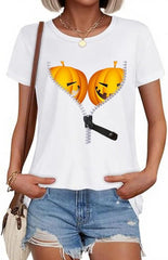 Women's Retro Pumpkin Print Crew Neck T-Shirt Halloween Tees for Women