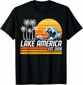 Lake America Graphic T‑Shirt, Retro Sunset Palm Tree Wave Print Short‑Sleeve Tee for Men and Women