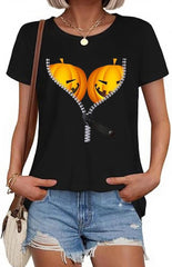 Women's Retro Pumpkin Print Crew Neck T-Shirt Halloween Tees for Women