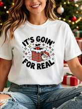 "It'S Goin' for Real" Chimney Peeking Santa Print T-Shirt Women'S Round Neck Short Sleeve Fun Quirky Holiday Tee Christmas Party Outfit Versatile White Top