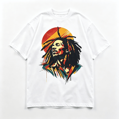 Men's White Bob Marley Reggae Icon Abstract Art Graphic T-Shirt, Crew Neck Casual Top