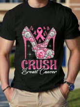 Unisex Crush Breast Cancer Awareness Cotton T‑Shirt, Crew Neck Short‑Sleeve Tee, Faux Bling High Heel Pink Ribbon Butterfly Graphic Casual Daily Top