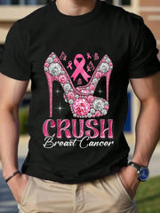Unisex Crush Breast Cancer Awareness Cotton T‑Shirt, Crew Neck Short‑Sleeve Tee, Faux Bling High Heel Pink Ribbon Butterfly Graphic Casual Daily Top