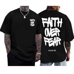 Men's Crew Neck Short Sleeve T-Shirt, "Faith Over Fear" Inspirational Religious Graphic Print, Casual Christian Faith Streetwear Tee