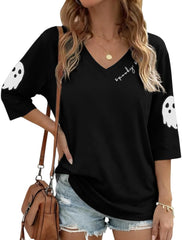 Womens Half Sleeve Fall Shirts Halloween V Neck Three Quarters Sleeve Pumpkin T-Shirts Thanksgiving Tops