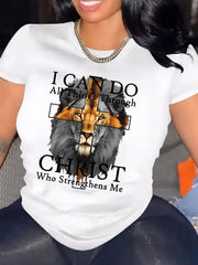 I Can Do All Things Through Christ Who Strengthens Me Lion Cross Graphic T?Shirt for Women, Cotton Crew Neck Short Sleeve, Bible Verse Christian Faith Casual Tee Top