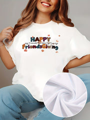 Women’s Friendsgiving Graphic T-Shirt, “Happy Friendsgiving My Friends Are Like Family” Print, Short Sleeve Crew Neck Casual Fall Tee
