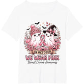 Breast Cancer Awareness Halloween Ghost T-Shirt In October We Wear Pink Graphic Tee Unisex Short Sleeve Shirt