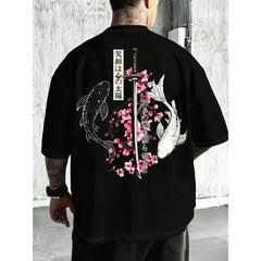 Men's Japanese Cherry Blossom Print Samurai Sword Loose-Fit T-Shirt Casual Summer Daily/Men Outdoor Top,japanese samurai sword tee, Men Clothing