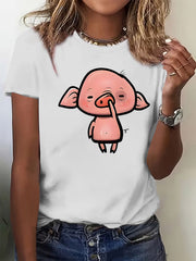 Cartoon Pig Print Color Cotton Short Sleeve Tee Summer Casual Crew Neck Top