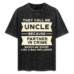 Men's Funny Uncle Crime Partner Slogan T-Shirt - 100% Breathable Retro Streetwear Tee With Partner In Crime Saying, Loose Fit Casual Short Sleeve Shirt For Daily Wear Washed Tee