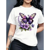 100% Cotton Women's Turquoise Blue Butterfly and Lilac Flower Print Short Sleeve Round Neck Casual Top