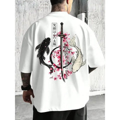 Men's Japanese Cherry Blossom Print Samurai Sword Loose-Fit T-Shirt Casual Summer Daily/Men Outdoor Top,japanese samurai sword tee, Men Clothing