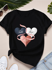 Faith Love Hope 3D Print Short Sleeve Tee Vintage Crew Neck Casual Top