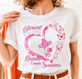 Women’s Breast Cancer Survivor Graphic T‑Shirt, Pink Butterfly Blessed Warrior Short‑Sleeve Tee,Women Clothing