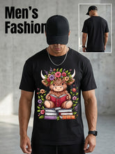 Adorable Baby Highland Cow Featuring a Bookworm Design on a Short-Sleeved Crew Neck T-Shirt
