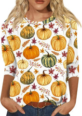 Woffccrd Womens Casual Halloween 3/4 Sleeve Crew Neck Tee Shirts Leopard Pumpkin Shirts Thanksgiving Fall Tops