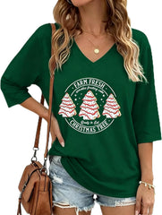 Womens Half Sleeve Fall Shirts Halloween V Neck Three Quarters Sleeve Pumpkin T-Shirts Thanksgiving Tops