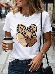 Women's Leopard Print Heart Graphic T-Shirt Casual Short Sleeve Round Neck Top