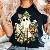 Women Retro Camo Patchwork Ghost Halloween Graphic T?Shirt, Cute Bow Ghost with Pumpkin Print, Vintage Spooky Fall Casual Short Sleeve Holiday Tee Top