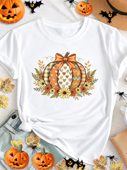 Women's Plaid Patchwork Pumpkin Floral Graphic T-Shirt, Fall Autumn Short Sleeve Crew Neck Tee, Thanksgiving Harvest Top