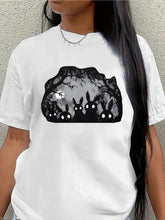 Dark Forest Halloween T‑Shirt for Women, Spooky Glowing‑Eye Bunnies Night Moon Creepy Autumn Holiday Casual Short Sleeve Top