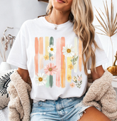 Floral Brushstroke Graphic T‑Shirt, Vintage Botanical Daisy Short‑Sleeve Tee, Spring Flower Women Tshirts