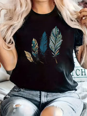 Women’s Plus Size Feather Graphic Short‑Sleeve T‑Shirt, Casual Round Neck Top for Spring Summer and Fall