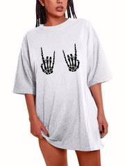 Skull Print Loose Short Sleeve Tee Summer Casual Crew Neck Fashion Top