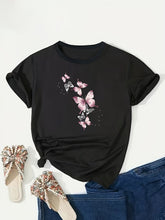 Fashionable Pink Butterfly Print Plus Size Women's T-Shirt Casual Graphic T Shirt For Women Crew Neck