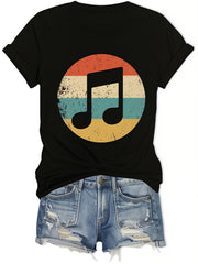 Women's Vintage Music Note Graphic T-Shirt Retro Sunset Distressed Print Short Sleeve Casual Tee