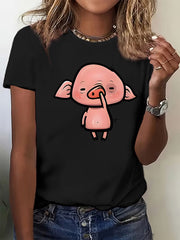 Cartoon Pig Print Color Cotton Short Sleeve Tee Summer Casual Crew Neck Top