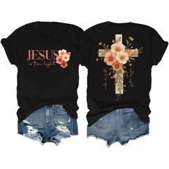Floral Cross Print Cotton Fitted Tee Christian Faith Crew Neck Short Sleeve