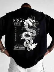 Men's Chinese Dragon Print Graphic T‑Shirt, Kanji Streetwear Design, Loose‑Fit Crew Neck Short Sleeve Casual Summer Top Men Tshirts