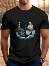 Nautical Anchor Lighthouse Tall Ship Graphic T‑Shirt, Ocean Sea Sailing Vintage Maritime Casual Short Sleeve Tee