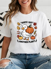 Oops I Got Another Plant Funny Duck Graphic T‑Shirt, Fall Pumpkin Autumn Leaves Plant Lover Casual Short Sleeve Tee