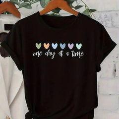 Women's Short Sleeve Series Color Love "One Day At A Time" Cure Wind Printing Round Neck Leisure Fashion Commuting Daily Retro Autumn And Winter Clothing Young Women's Short Sleeve T-Shirt