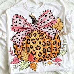 Casual Print Pumpkin T-Shirt With Polka Dot Bow, Cute Short Sleeve Round Neck Top