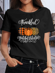 Thankful Grateful & Blessed T-Shirt Buffalo Plaid Leopard Pumpkin Graphic Tee for Women Fall Thanksgiving Casual Short Sleeve Top