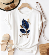 Vintage Botanical Leaf Graphic T‑Shirt, Fashionable Soft Stretchy Casual Short‑Sleeve Top For Women
