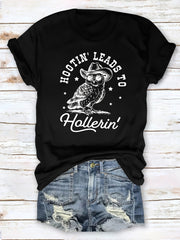 Women Retro Cowboy Owl Graphic T‑Shirt Hootin And Hollerin Casual Short Sleeve Western Tee