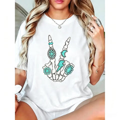 100% Cotton T shirts Skeleton Turquoise Hand Western Rodeo Cowboy Cowgirl T-Shirt Breathable & Comfort Fit Tee Women,Short Sleeve Crew Neck Top for All Seasons,Graphic Tees Women Tops