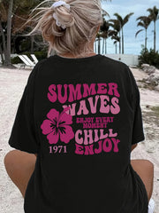 Women floral print T-shirt, casual crew-neck top, 2 sided print.