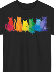 Rainbow Cat Print Solid Short Sleeve Tee Comfortable Crew Neck Casual Top