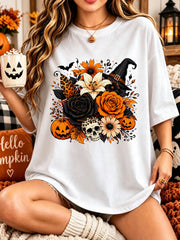 Women's Halloween T-Shirt, Skull Pumpkin Witch Hat Floral Graphic Tee, Leopard Print Casual Short Sleeve Crew Neck Top