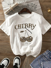 Women's Leopard Cherry T-Shirt, Cheetah Print Cherry Graphic Tee