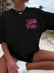 Women floral print T-shirt, casual crew-neck top, 2 sided print.